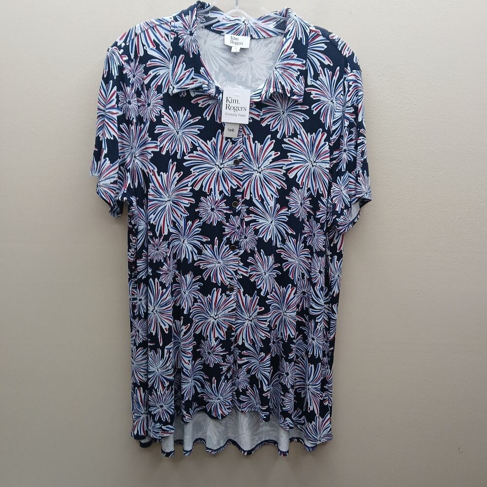 Kim Rogers NWT Fireworks Button Front Everyday Tunic Top Red White & Blue SZ XL